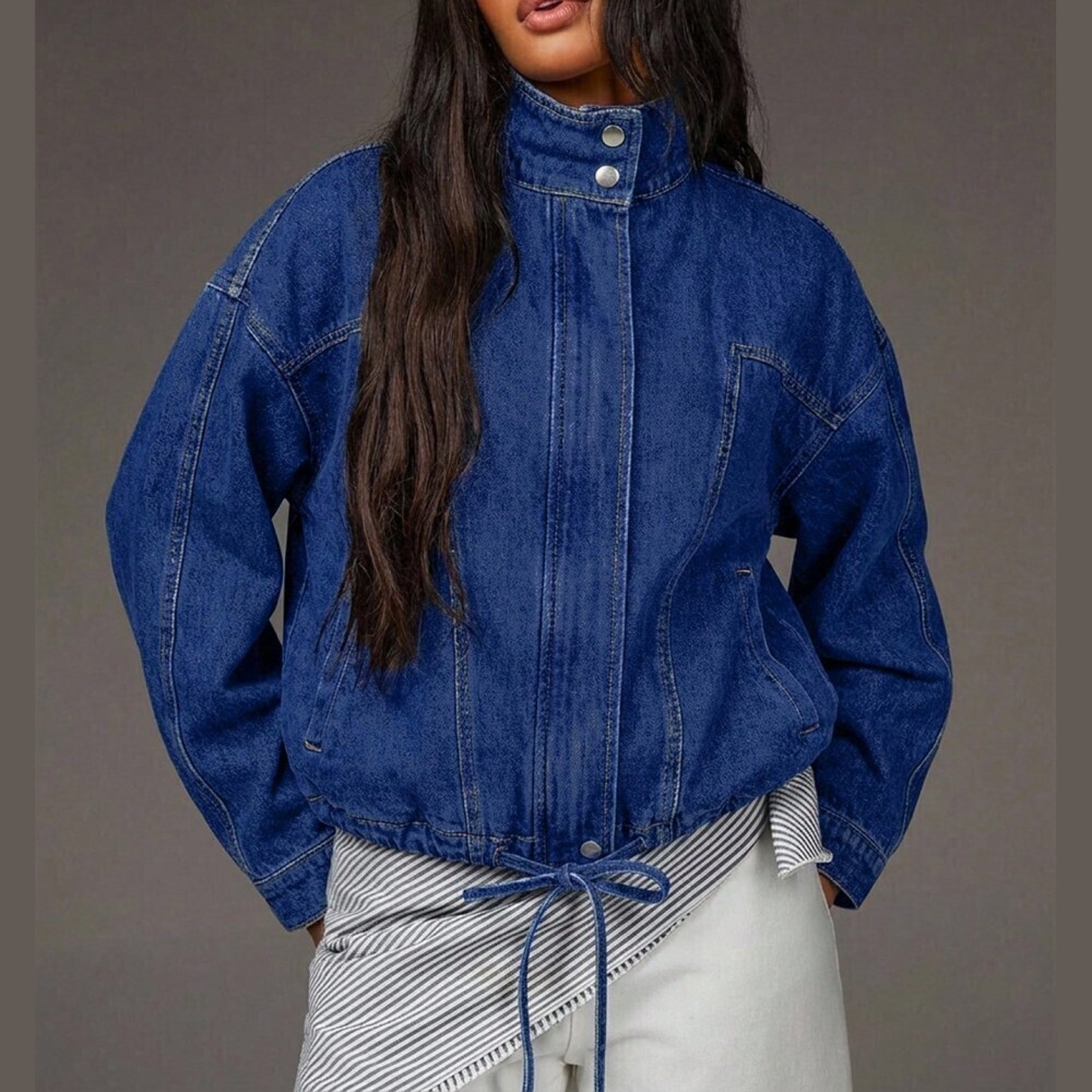 Blue Denim Drawstring Hem Oversized Collared Bomber Baseball Jacket